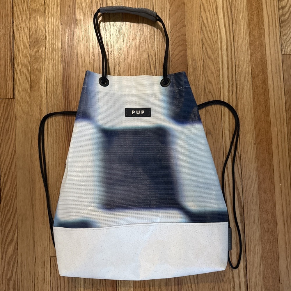 Handcrafted Upcycled"People for Urban Progress" IndyDrawstring Bag- Blue tie dye